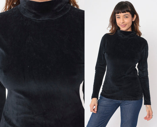 90s Black Velvet Turtleneck Blouse Long Sleeve Small S