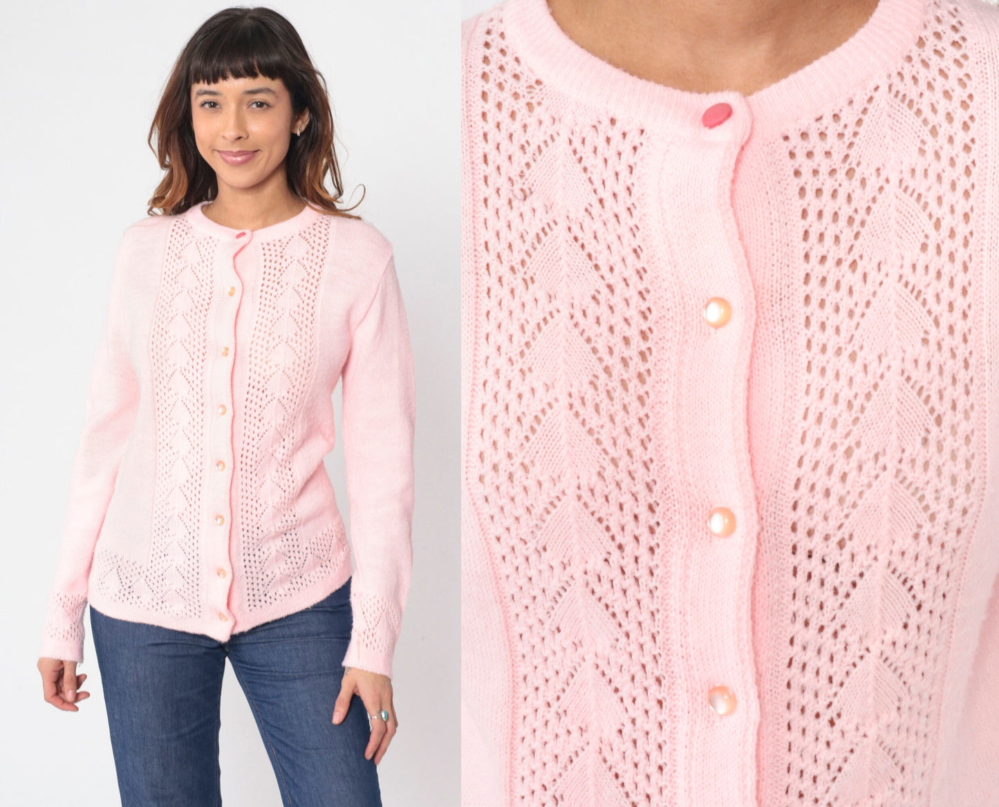 70s Baby Pink Pointelle Cardigan Button-Up Knit Sweater Small S