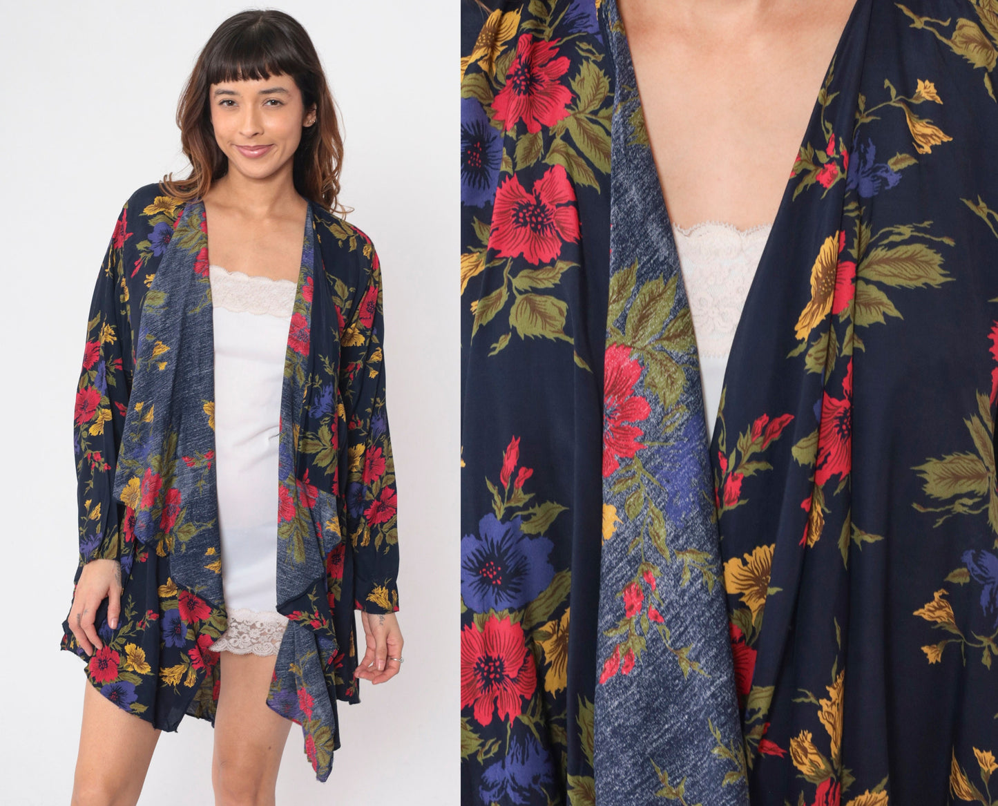 90s Navy Floral Open-Front Cardigan Jacket Waterfall Rayon Large
