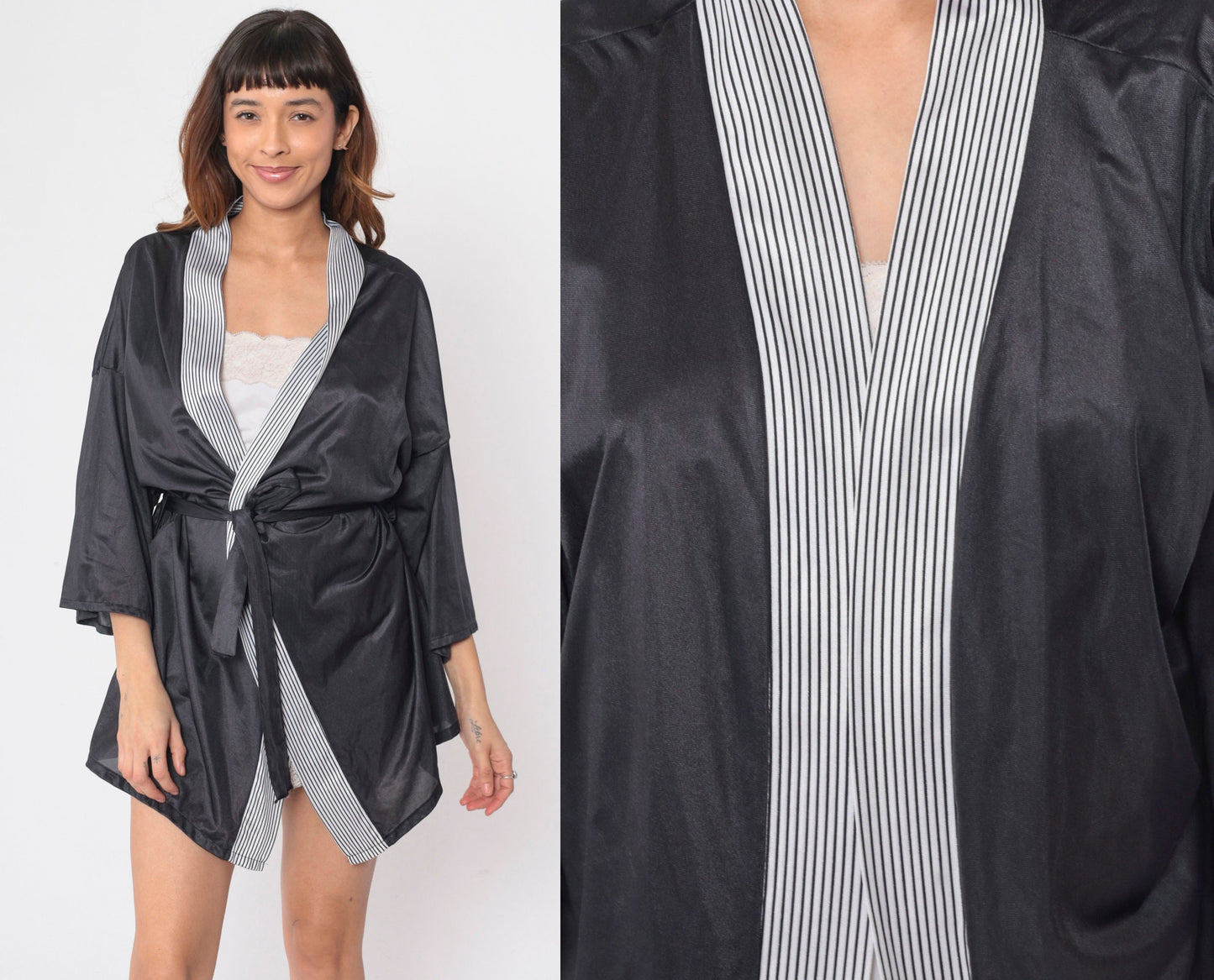 80s Black & White Striped Pajama Robe Tie Front Mini Lounge Jacket Large L