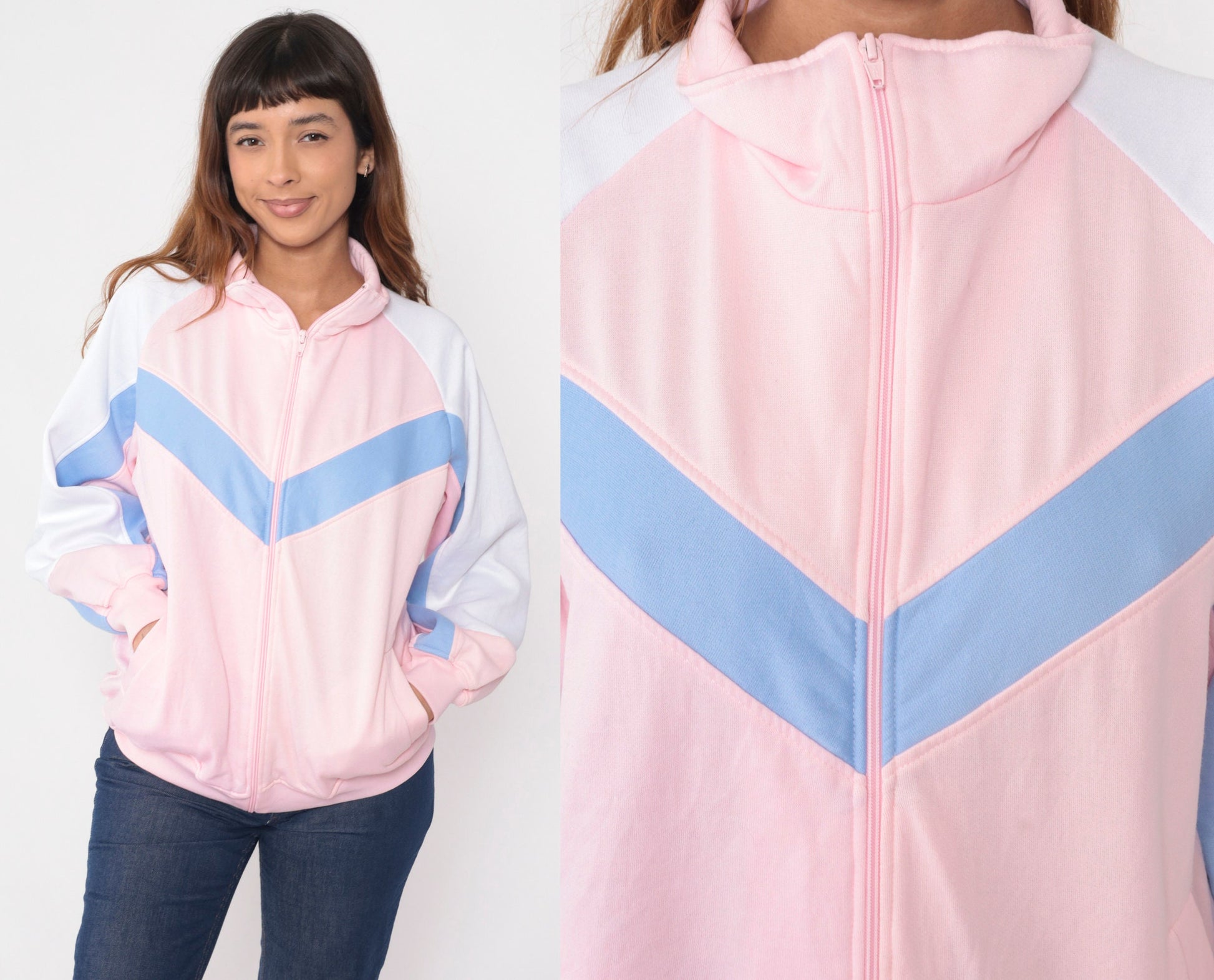 90s Baby Pink Track Jacket Periwinkle Chevron Stripe Zip Raglan Large L