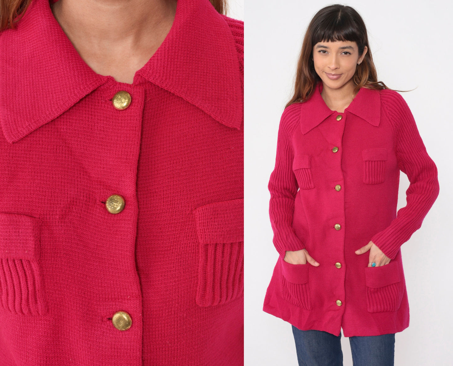 70s Fuchsia Cardigan Sweater Raglan Sleeve Ribbed Knit Gold Buttons Large L