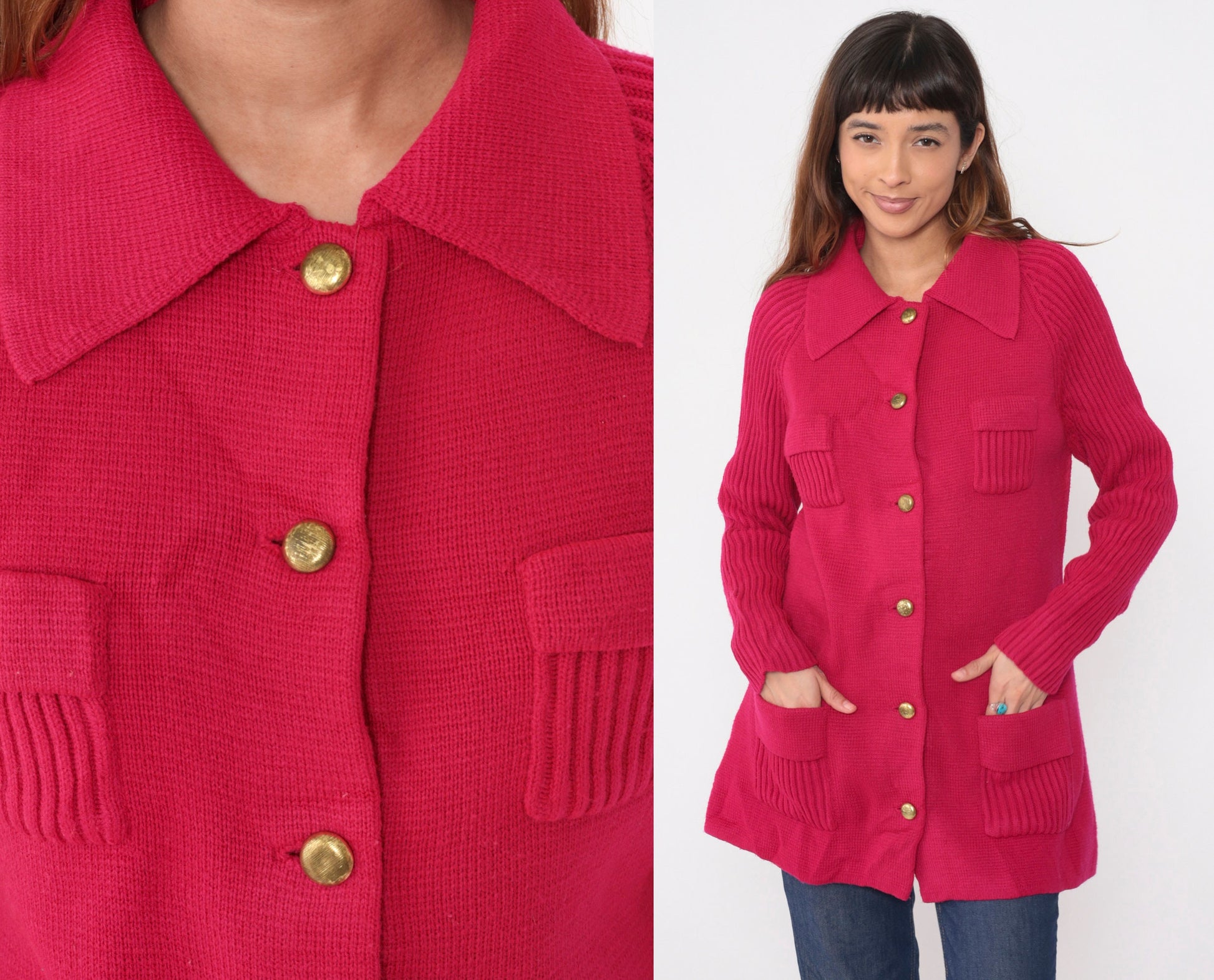 70s Fuchsia Cardigan Sweater Raglan Sleeve Ribbed Knit Gold Buttons Large L