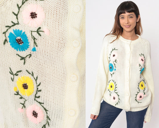 70s Floral Embroidered Cardigan Sweater Off-White Raglan Knit Large