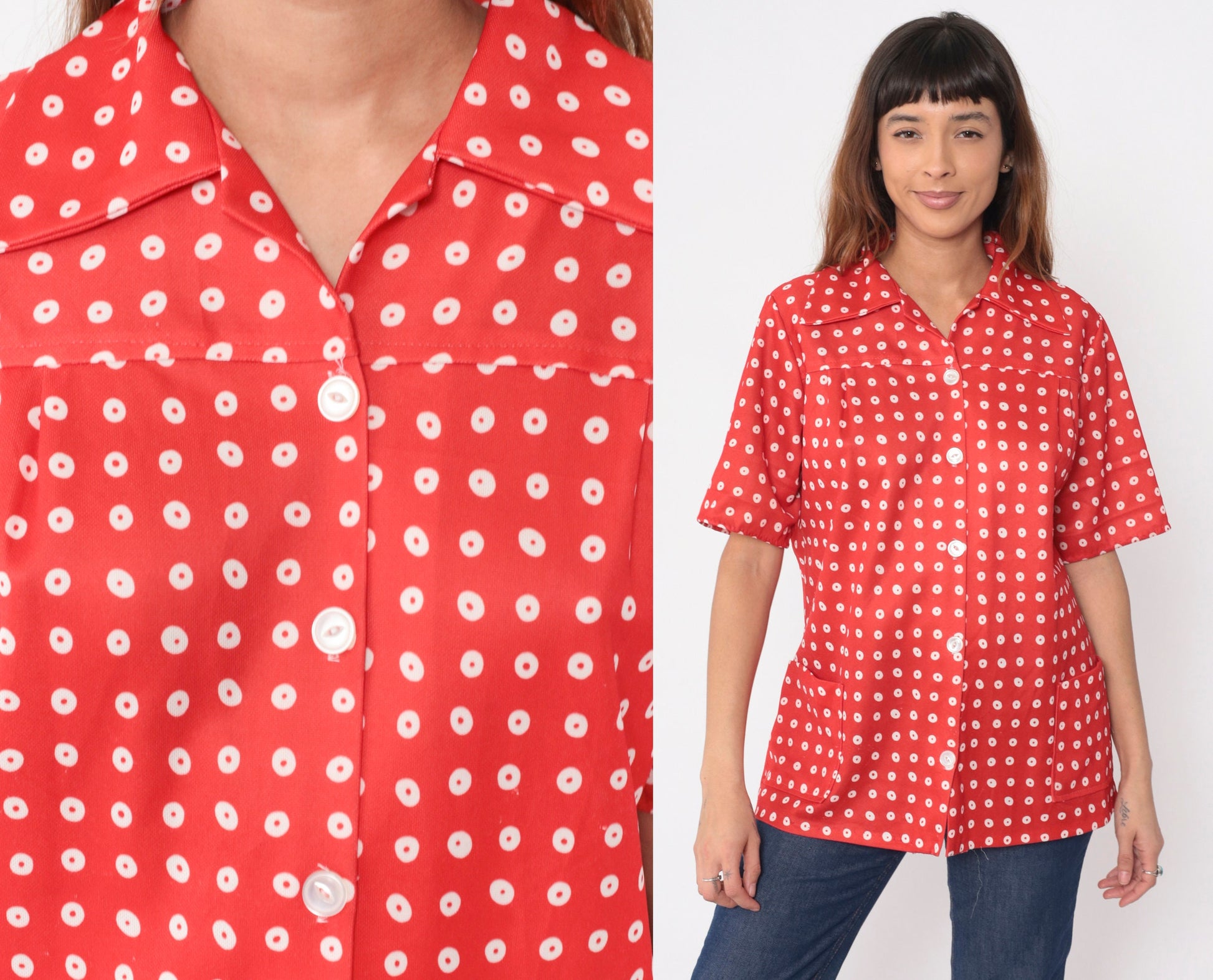 70s Red Polka Dot Button-Up Blouse Dagger Collar Yoke Pockets Large