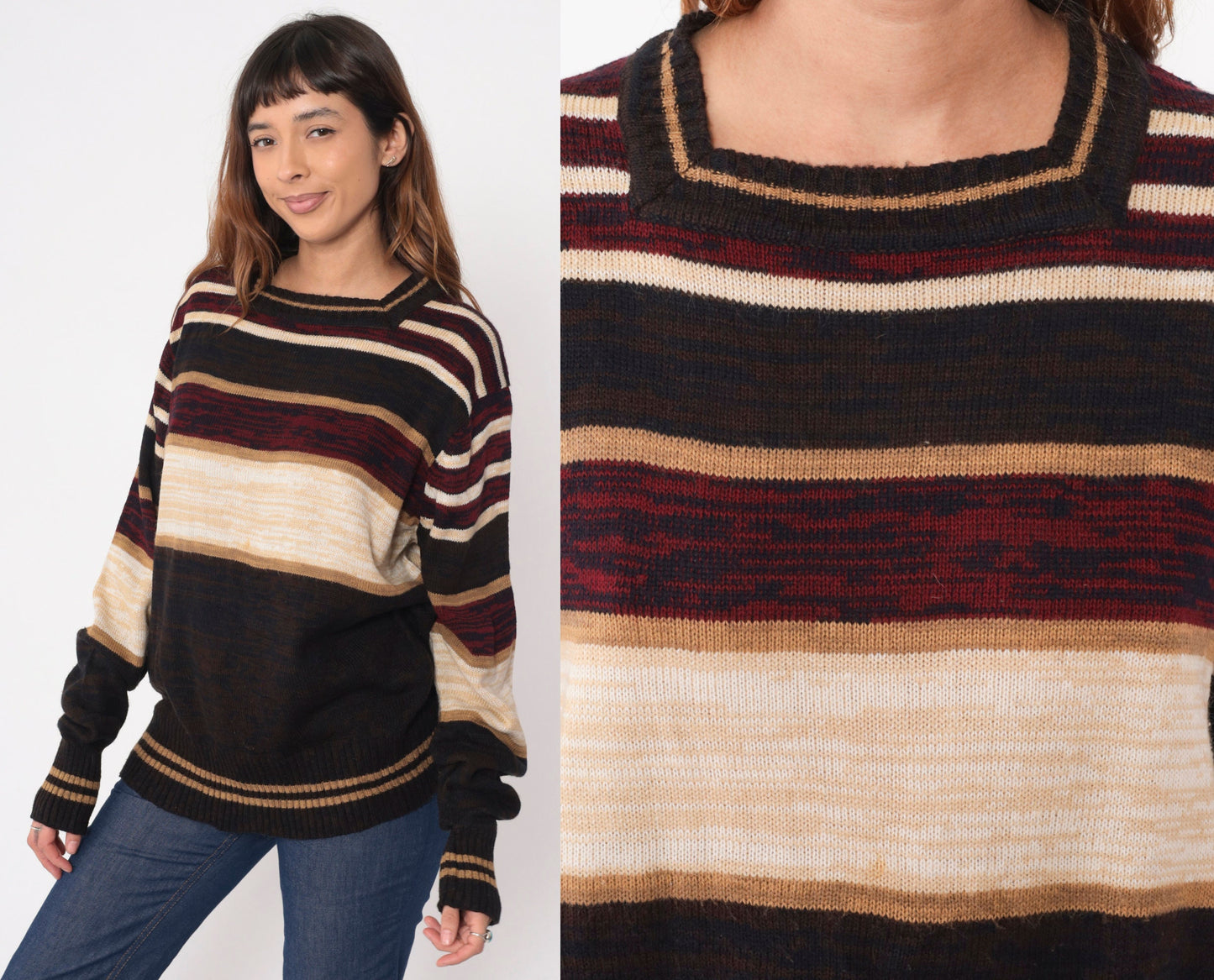 70s Sven Space Dye Striped Sweater Brown Burgundy Square Neck Knit Large L