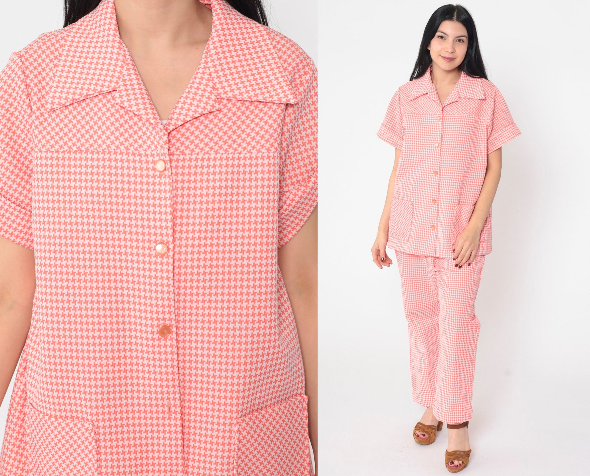 70s Pink Checkered Two Piece Set Button-Up Blouse Elastic Pants Large L