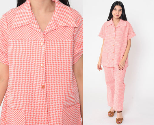 70s Pink Checkered Two Piece Set Button-Up Blouse Elastic Pants Large L