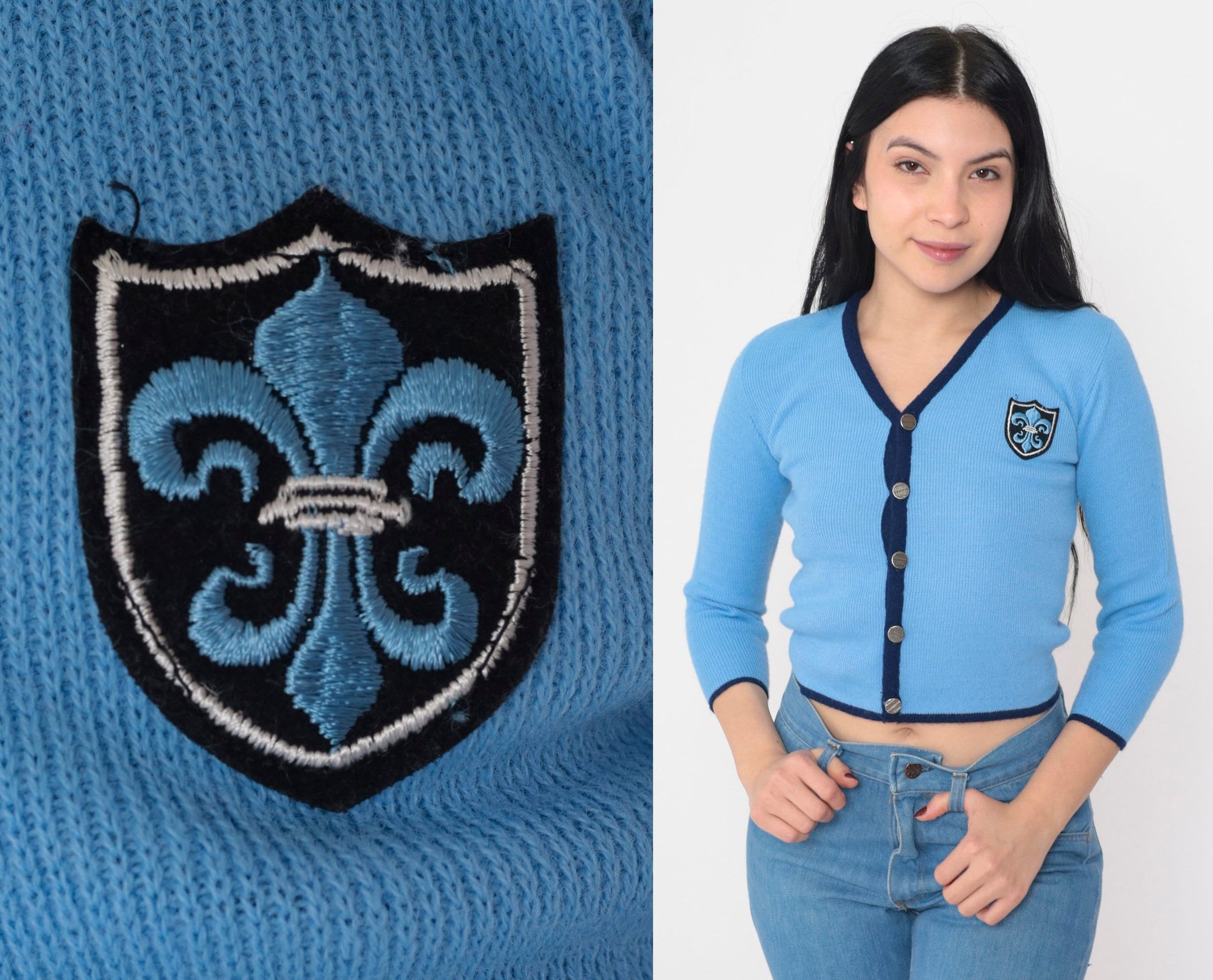 70s Blue Cropped Cardigan Fleur De Lis Patch Ribbed Knit XXS