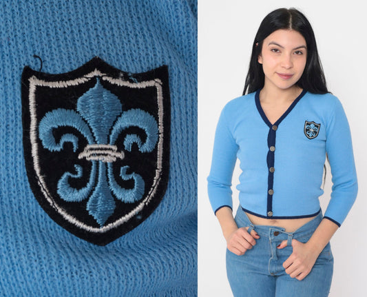 70s Blue Cropped Cardigan Fleur De Lis Patch Ribbed Knit XXS