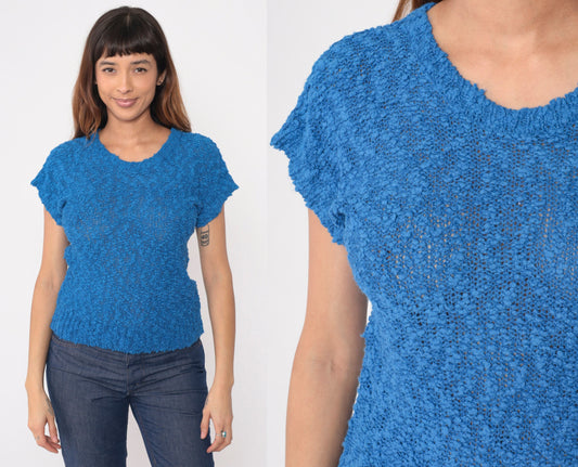 80s Blue Nubby Knit Sweater Top Short Sleeve V Neck Extra Small