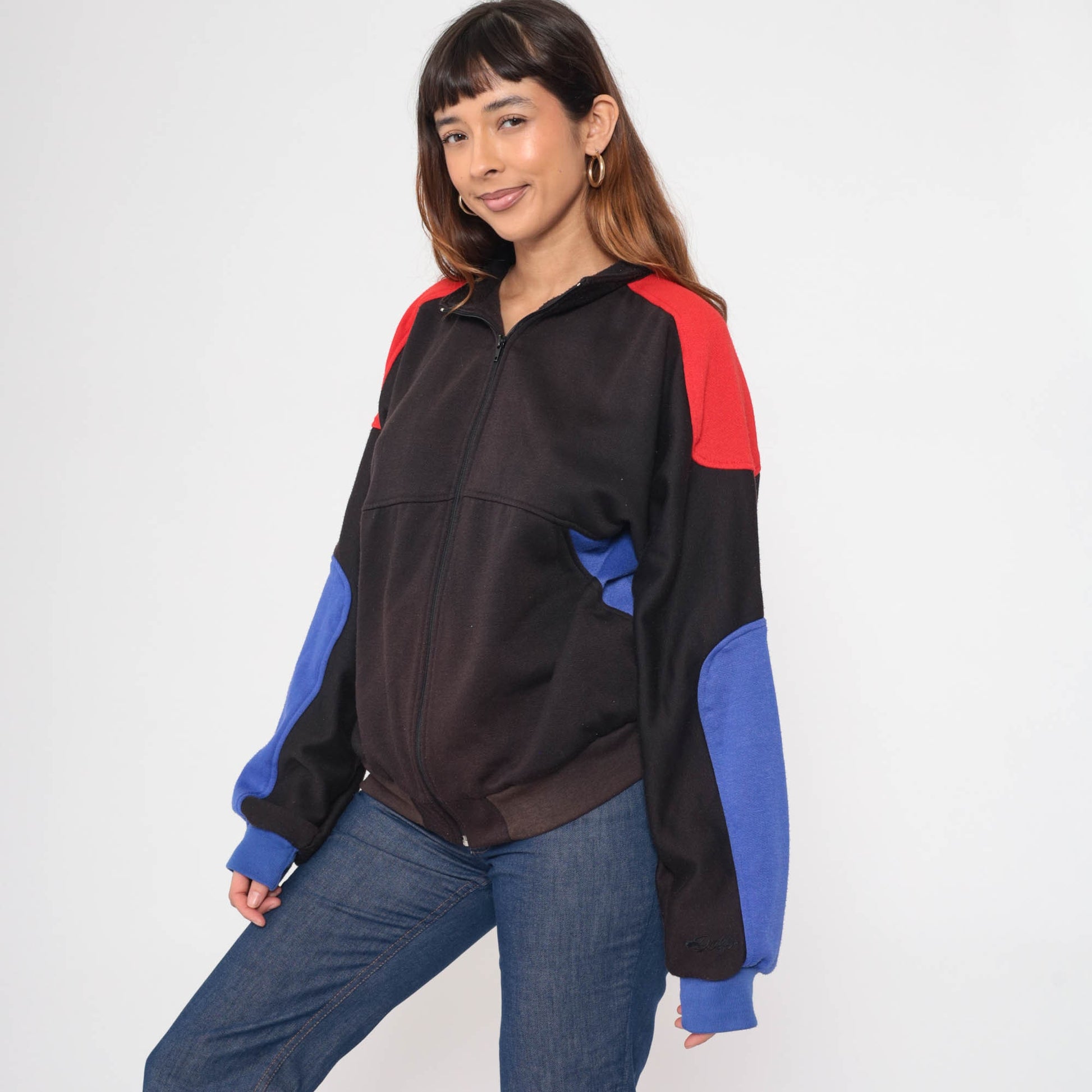 90s Dolfin Zip Up Sweatshirt Faded Black Red Blue Striped Track Jacket Large L
