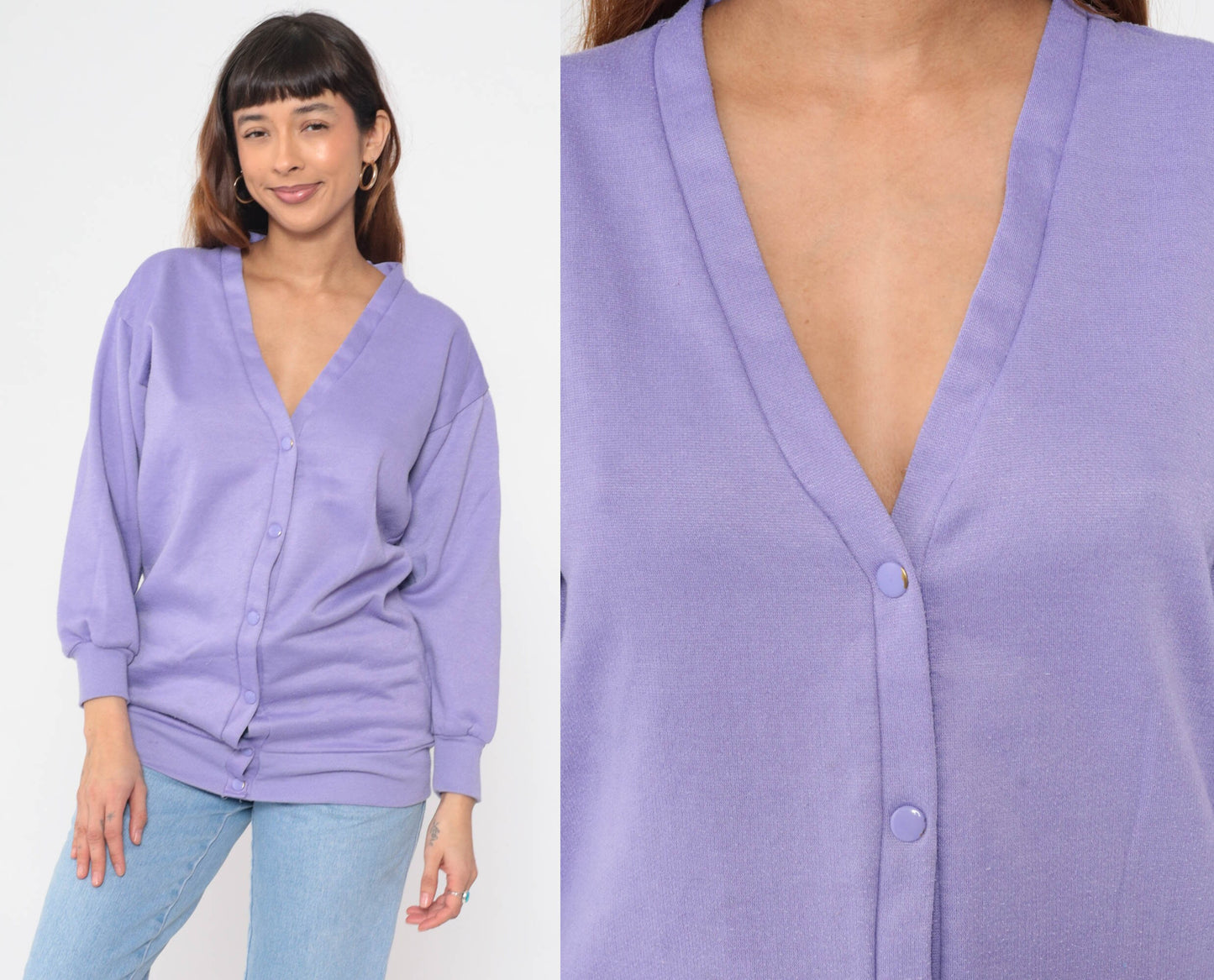 90s Lavender Cardigan Sweatshirt Snap Button V-Neck Slouchy Small