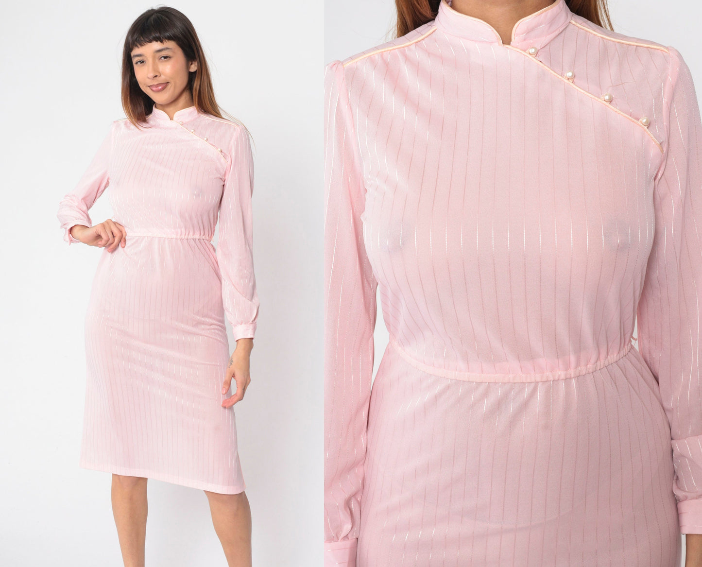 70s Mandarin Collar Midi Dress Baby Pink Striped Long Sleeve High Waist Extra Small