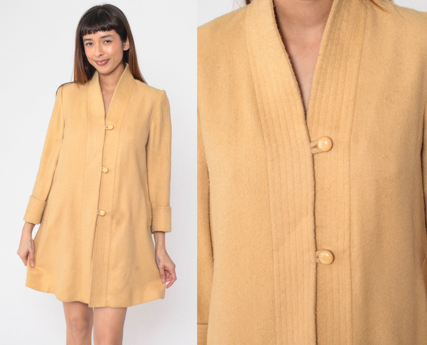 80s Mustard Wool Blend Jacket V-Neck Loop Button Set-In Sleeve Small