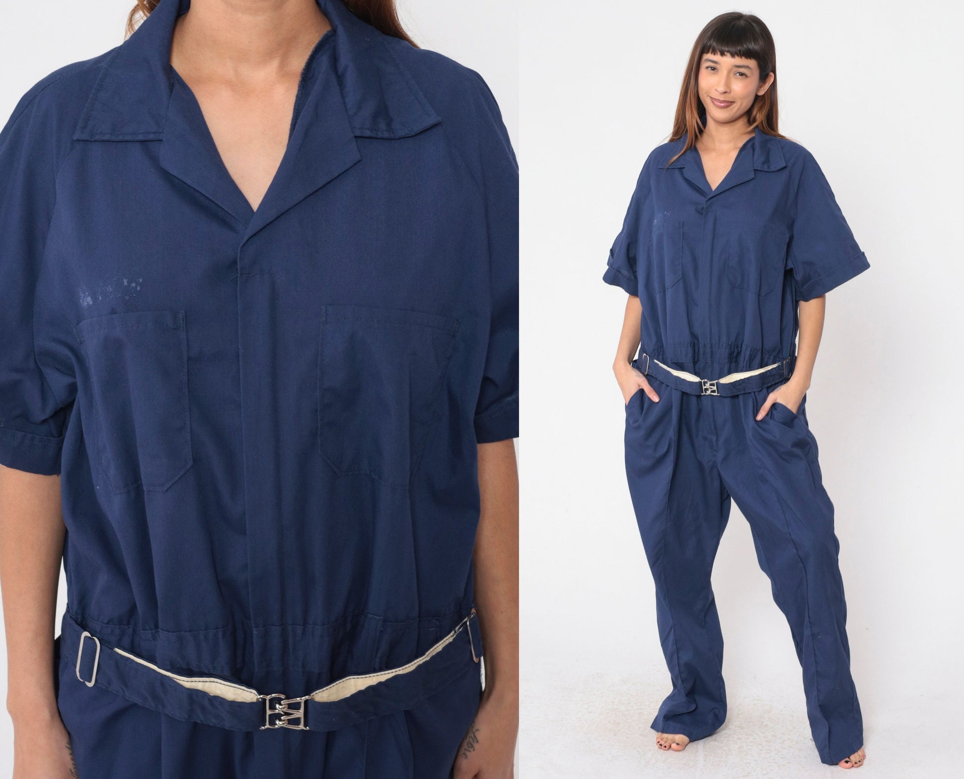 70s Walls Dark Blue Coveralls Utility Boilersuit Straight Leg Short Sleeve Men's 50 R