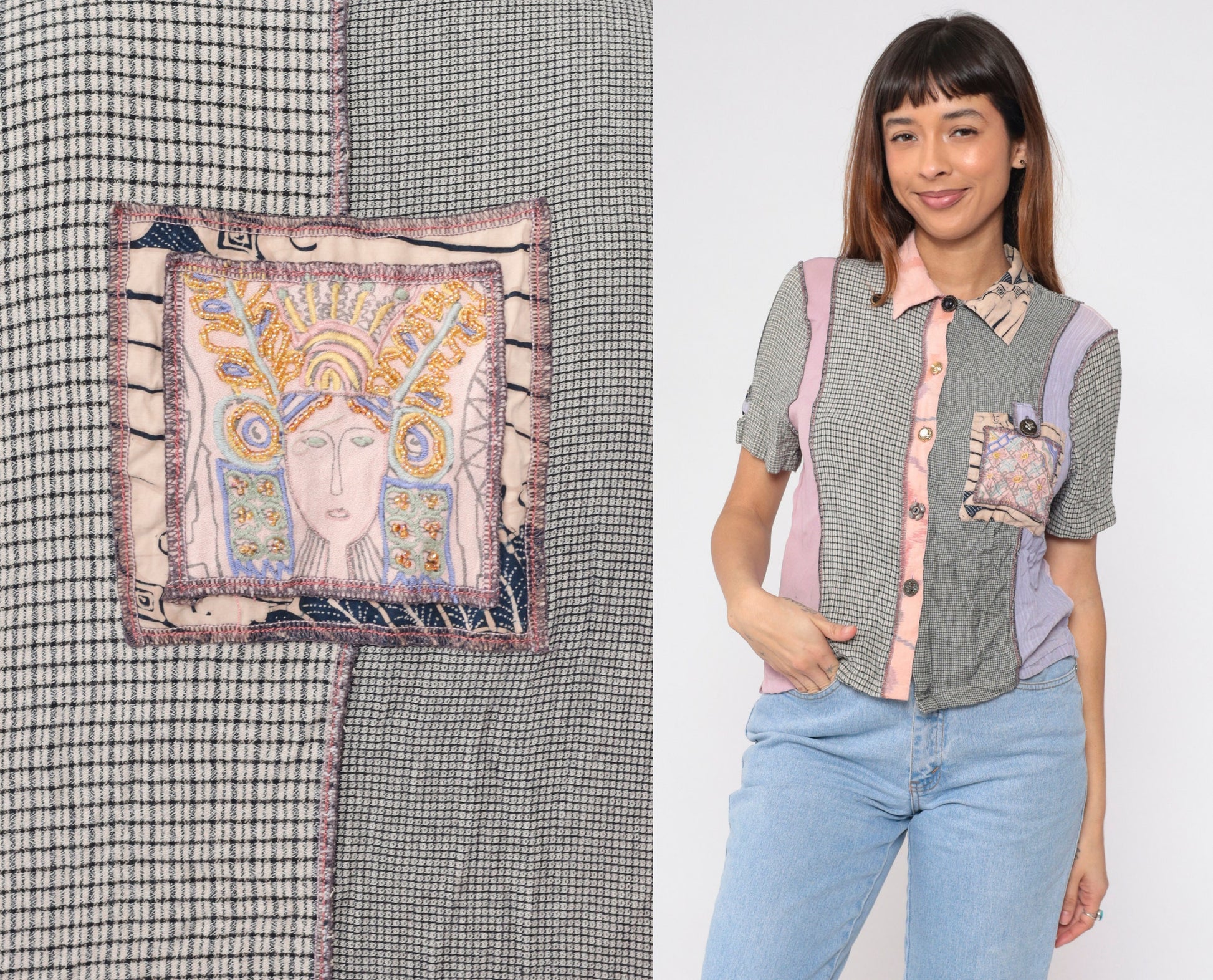 90s Mixed Print Button-Up Blouse Beaded Floral Embroidered Patchwork Small S