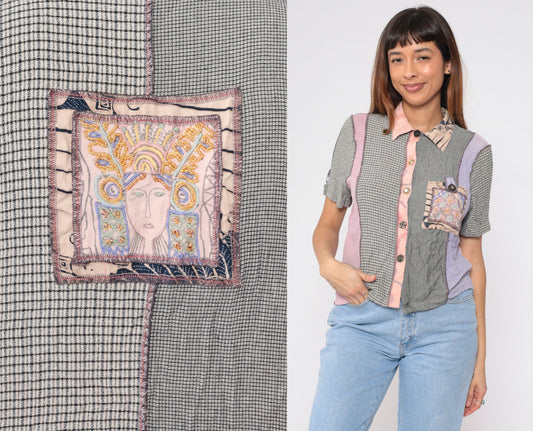 90s Mixed Print Button-Up Blouse Beaded Floral Embroidered Patchwork Small S