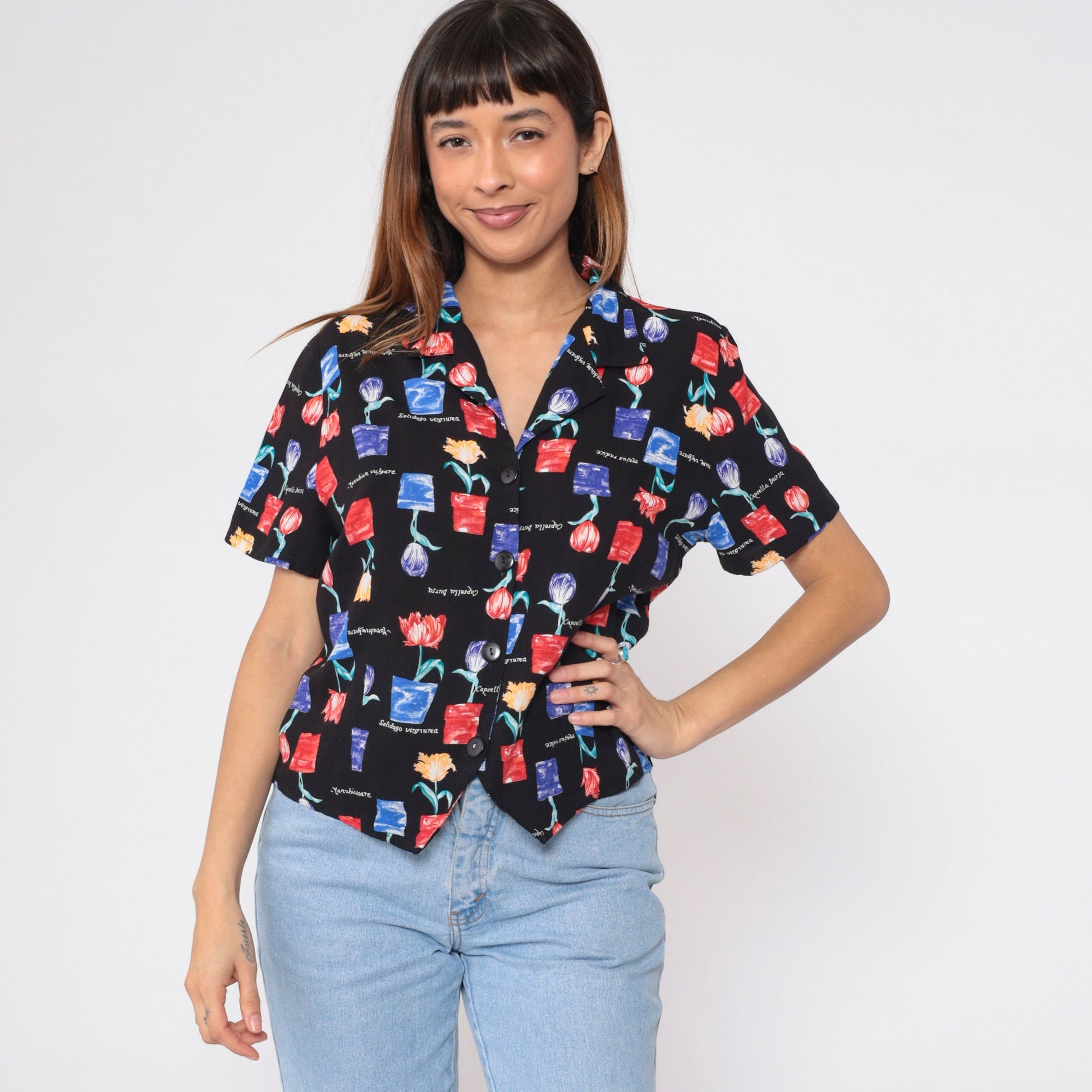 90s Floral Botanical Button-Up Blouse Flowerpot Tulip Print Shirt Large L