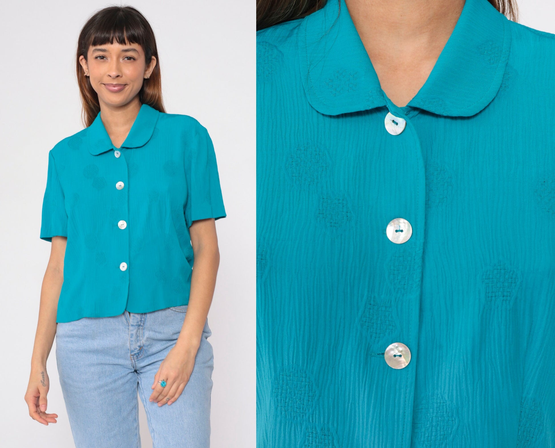 90s Bright Blue Mandala Print Button-Up Blouse Peter Pan Collar Short Sleeve Large
