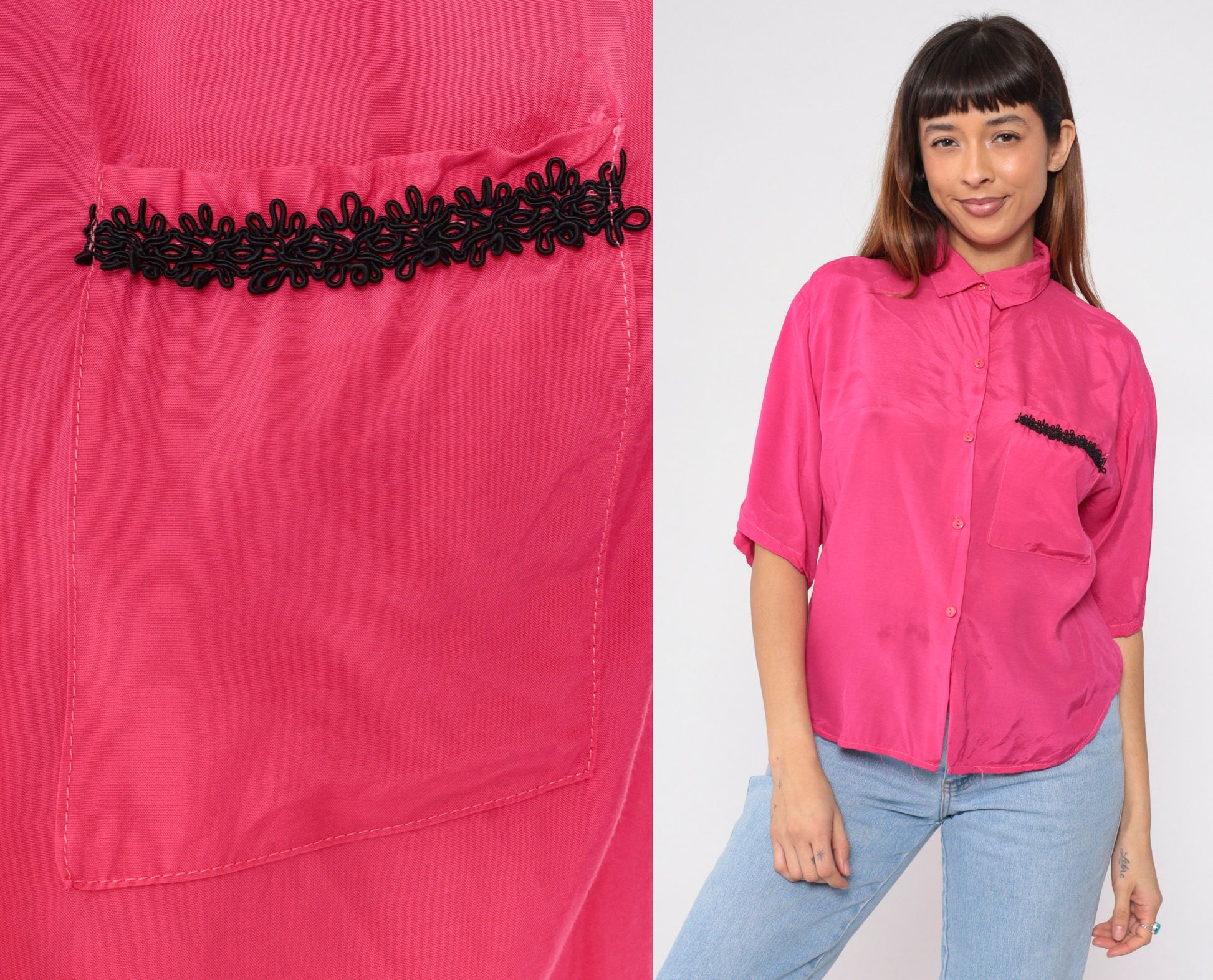 90s Hot Pink Button-Up Blouse Black Soutache Trim Short Sleeve Medium M