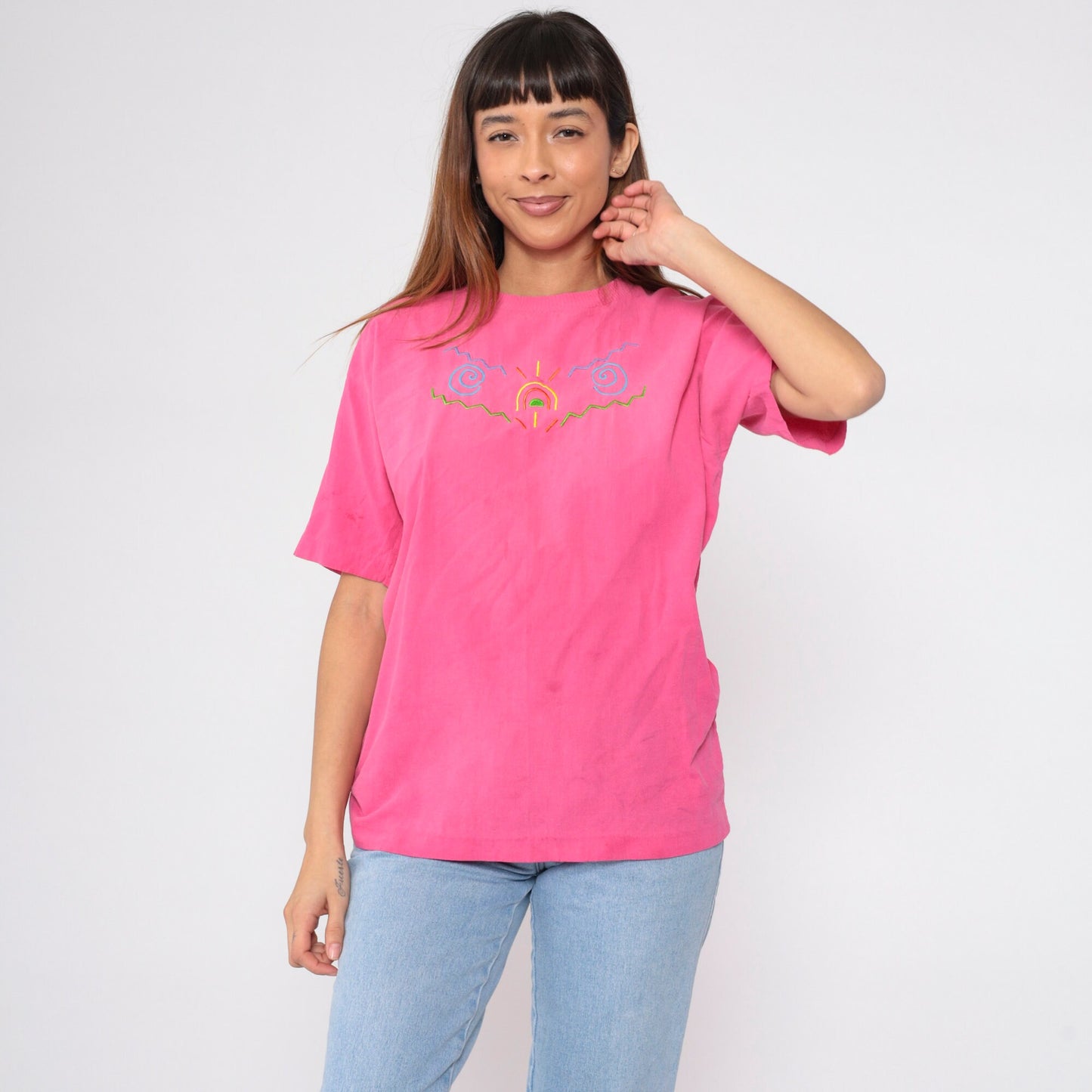 90s Peter Popovitch Embroidered Sun T-Shirt Hot Pink Abstract Tee Medium