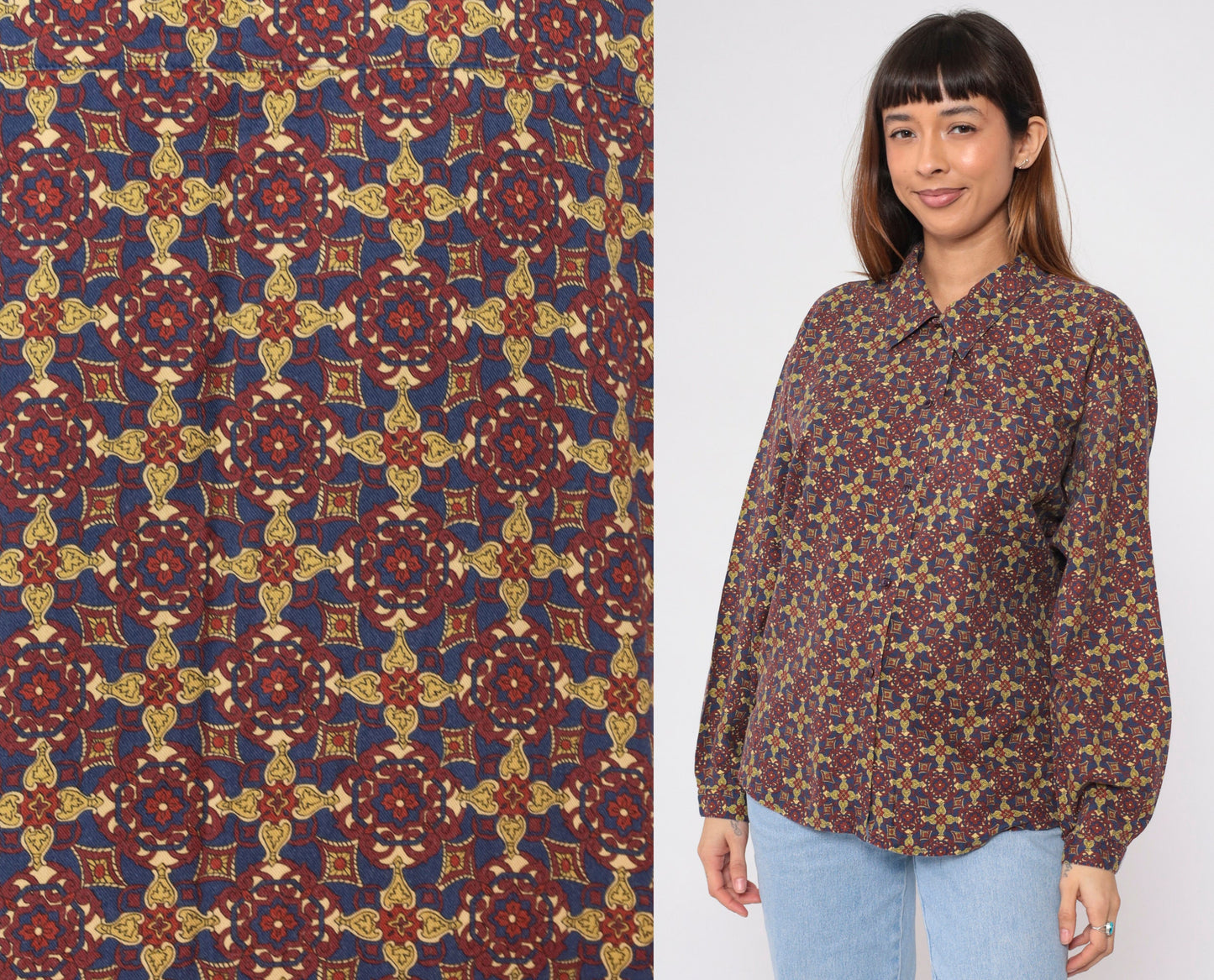 90s Van Heusen Geometric Floral Button-Up Blouse Long Sleeve Collared Shirt Large L