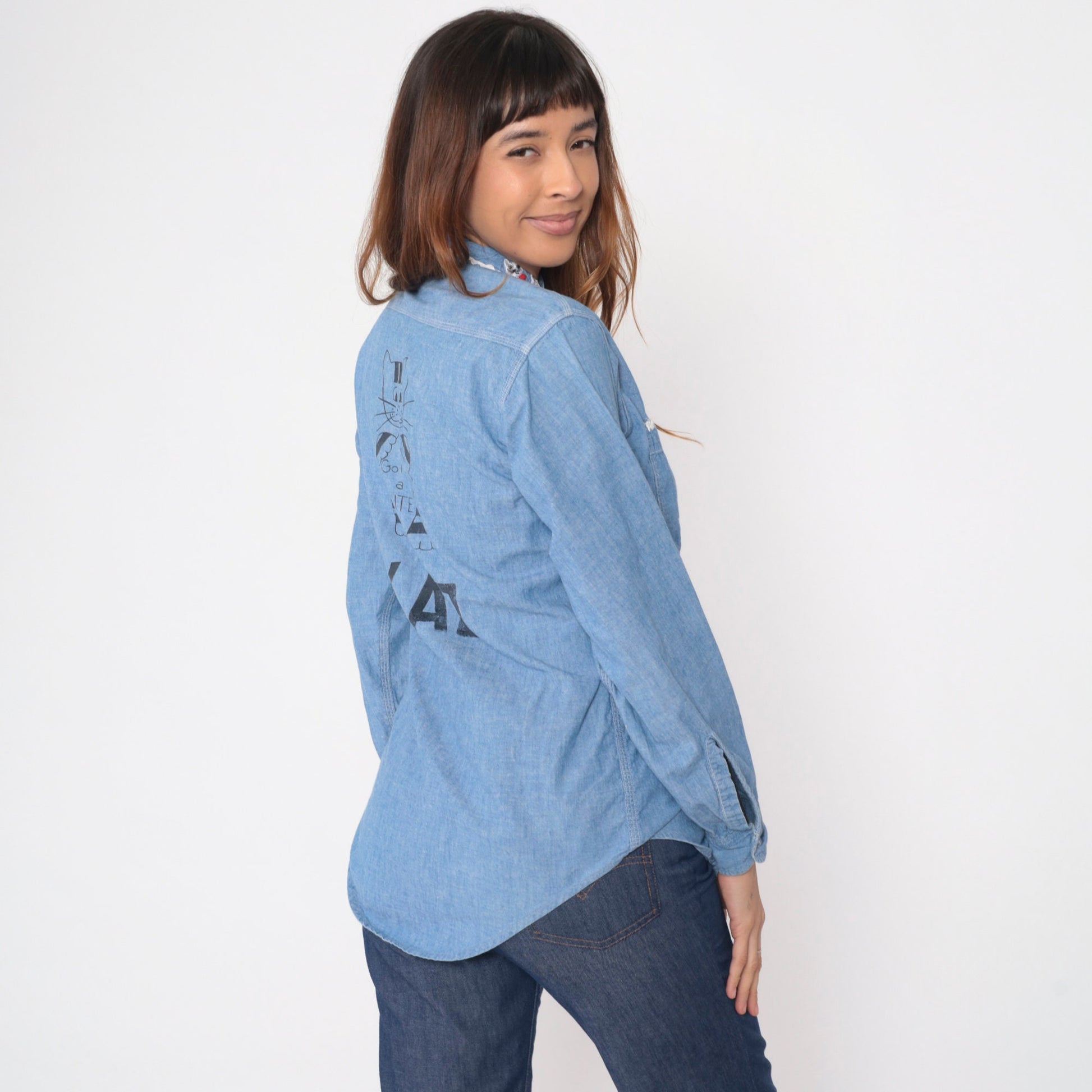 70s Big Mac Chambray Shirt Cat Kite Patch Button Up Blue Small