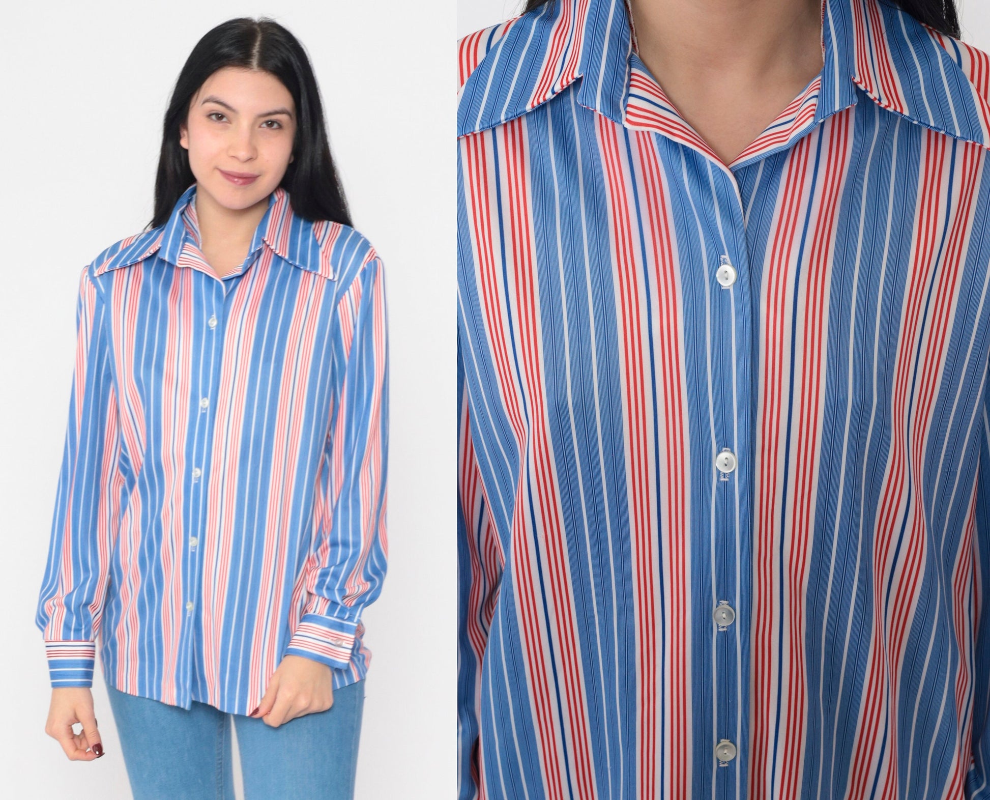 70s Red White Blue Striped Button-Up Blouse Long Sleeve Collared Shirt Medium