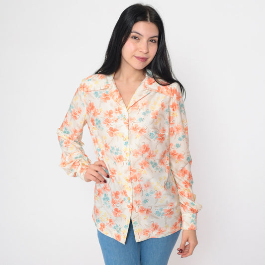 70s Floral Button-Up Blouse Off-White Orange Orchid Long Sleeve Collared Shirt Medium