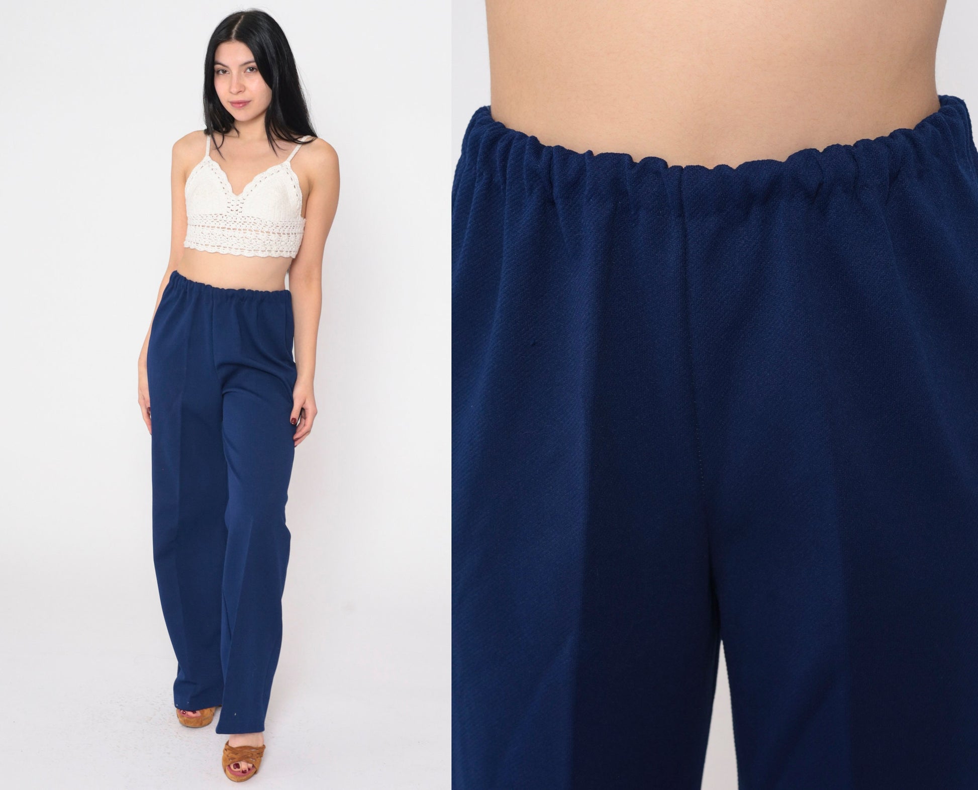 70s Navy High-Waisted Straight Leg Trousers Elastic Waist Small