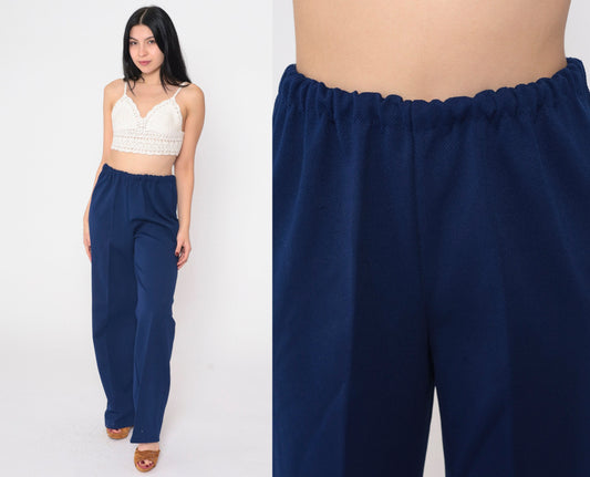 70s Navy High-Waisted Straight Leg Trousers Elastic Waist Small