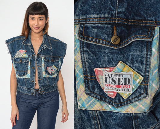 90s Denim Vest Plaid Patchwork Cutoff Blue Jean Sleeveless Medium