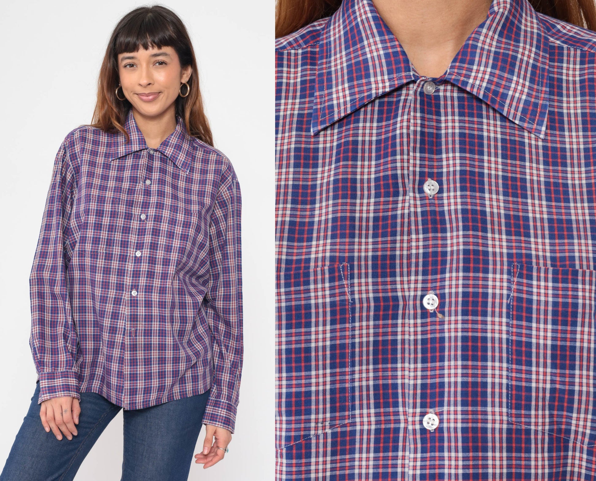 70s Plaid Button-Up Shirt Red Blue White Tartan Cotton Blend Large