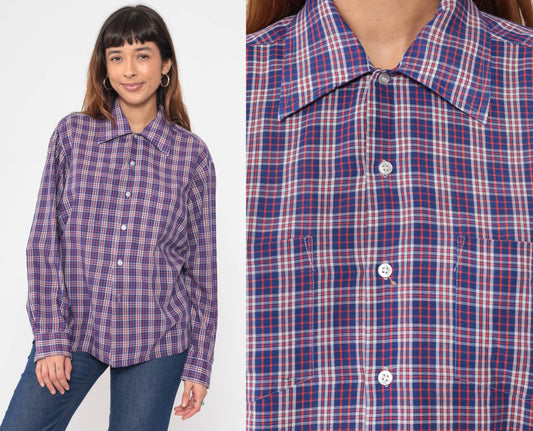 70s Plaid Button-Up Shirt Red Blue White Tartan Cotton Blend Large