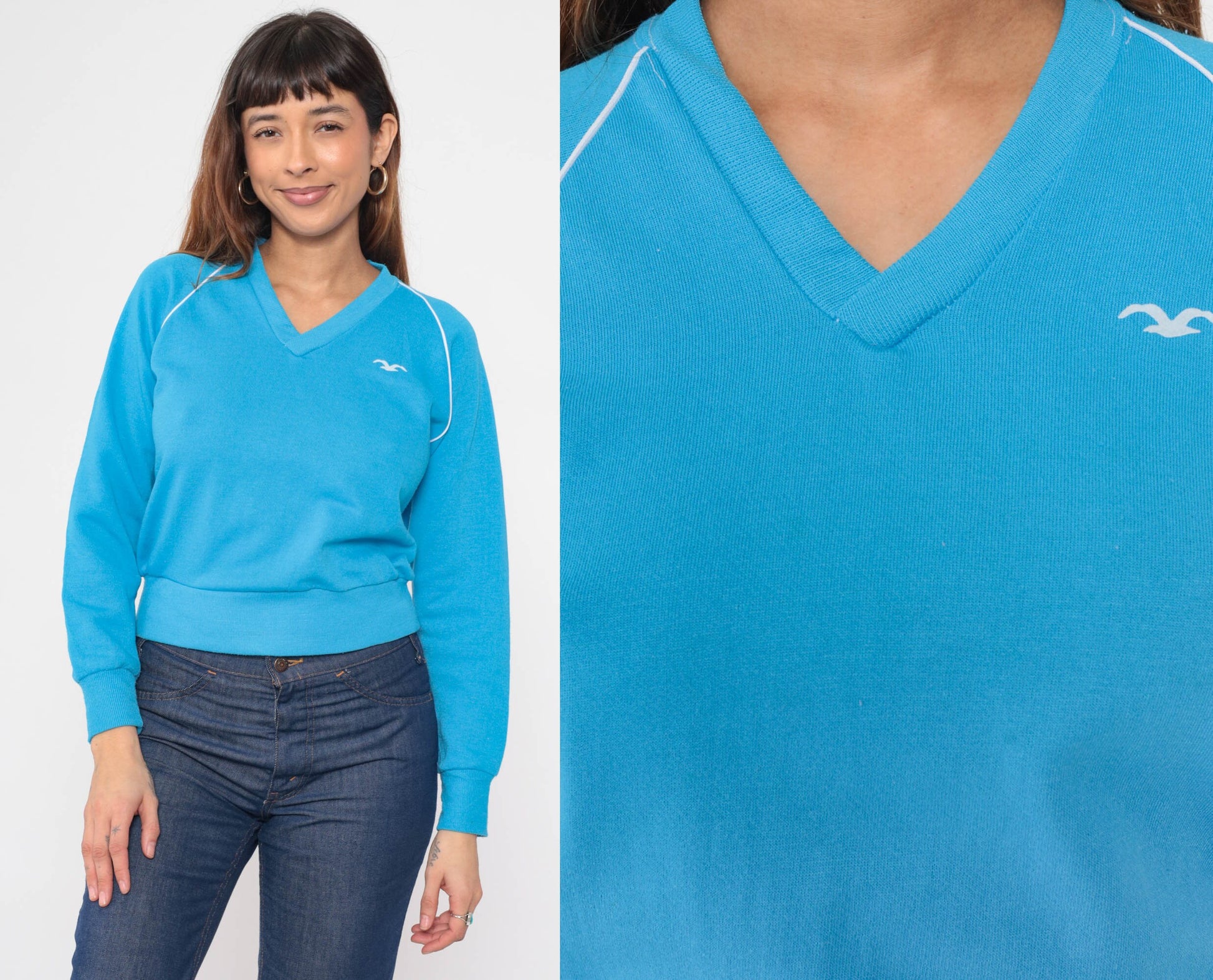 80s Wrangler Bird Logo Raglan Sweatshirt Bright Blue V-Neck Extra Small