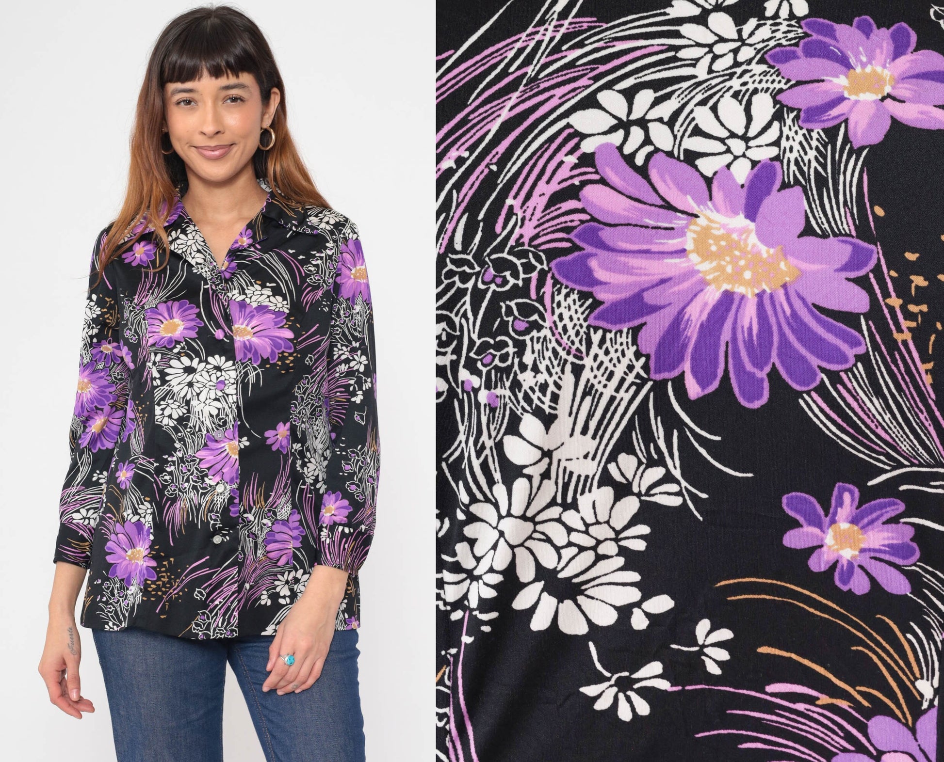 70s Floral Button-Up Blouse Black Purple Flower Print Dagger Collar Medium