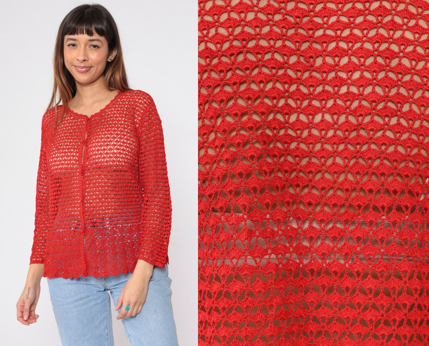 90s Red Crochet Cardigan Floral Cutout Button-Up Sweater Large L