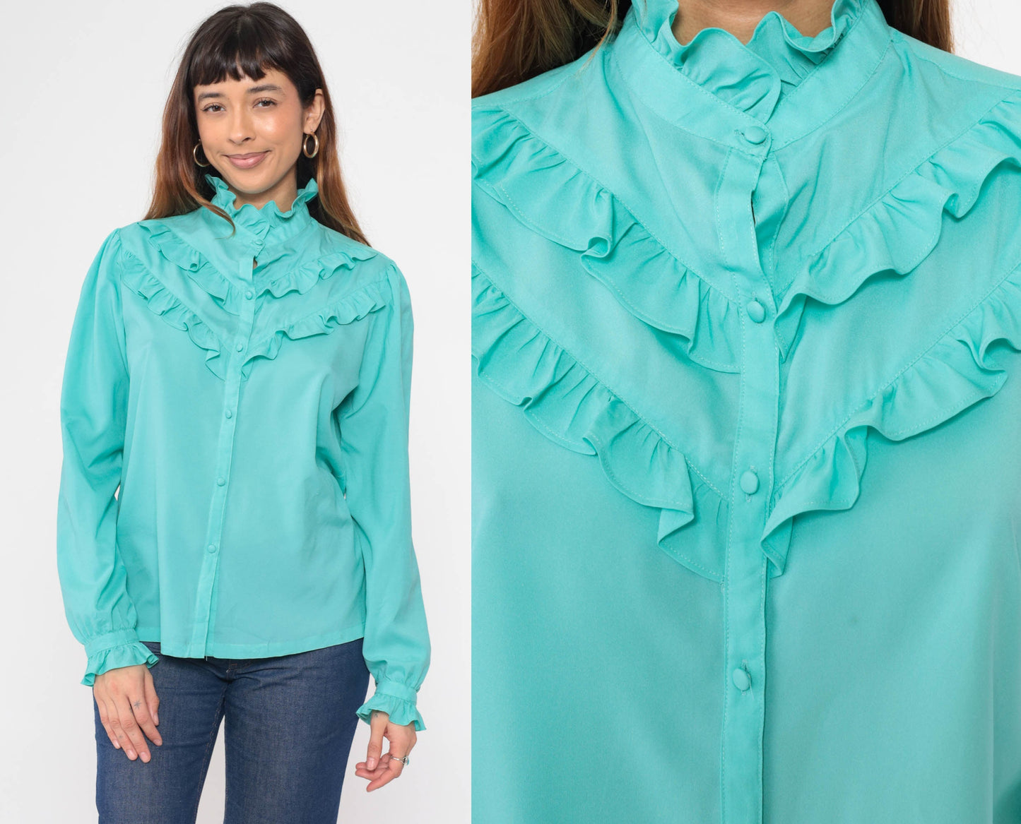 70s Pykettes Turquoise Puff Sleeve Button-Up Blouse Ruffled High Neck Medium