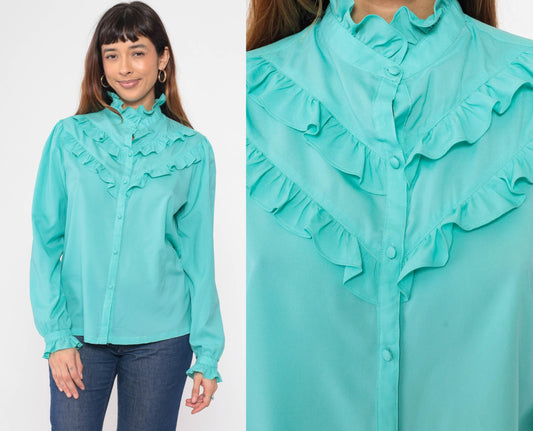 70s Pykettes Turquoise Puff Sleeve Button-Up Blouse Ruffled High Neck Medium