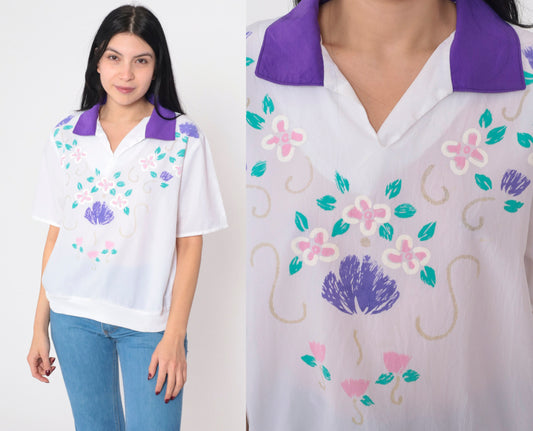 80s White Glitter Floral Shirt Purple Collar Short Sleeve Polo Top Medium