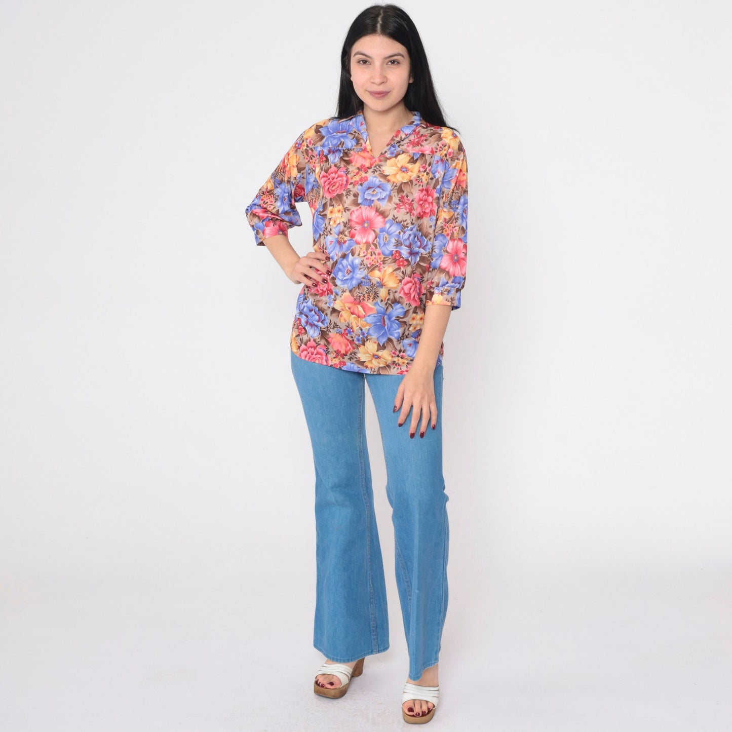70s Floral Pleated Blouse Collared V-Neck 3/4 Sleeve Medium