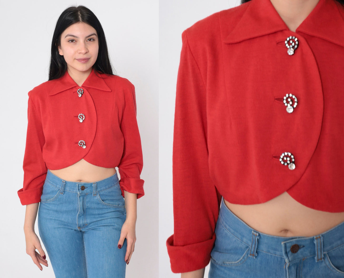 60s Red Wool Cropped Blazer Jacket Rhinestone Buttons 3/4 Sleeve Small S