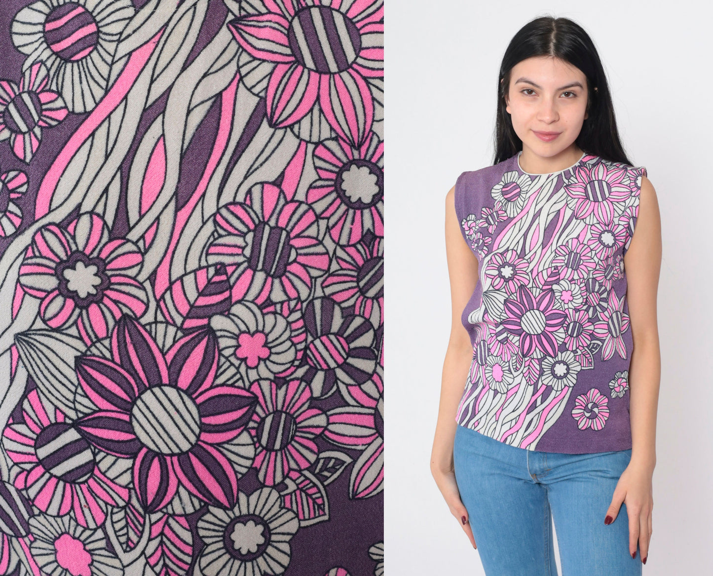 70s Purple Floral Tank Top Mod Flower Print Sleeveless Blouse Medium
