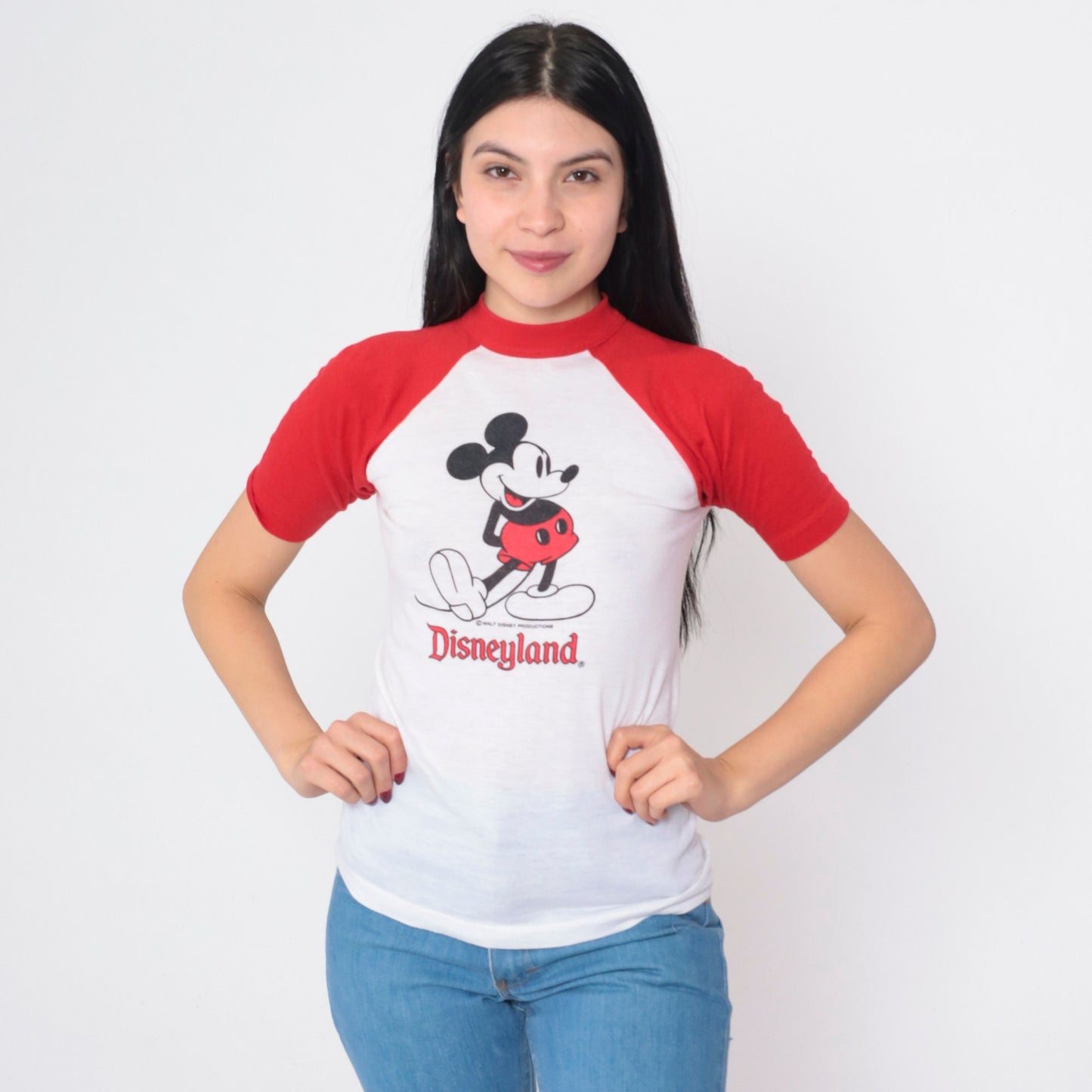 80s Disneyland Mickey Mouse Raglan T-Shirt White Red Graphic Cotton Extra Small XS
