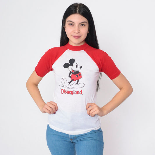 80s Disneyland Mickey Mouse Raglan T-Shirt White Red Graphic Cotton Extra Small XS