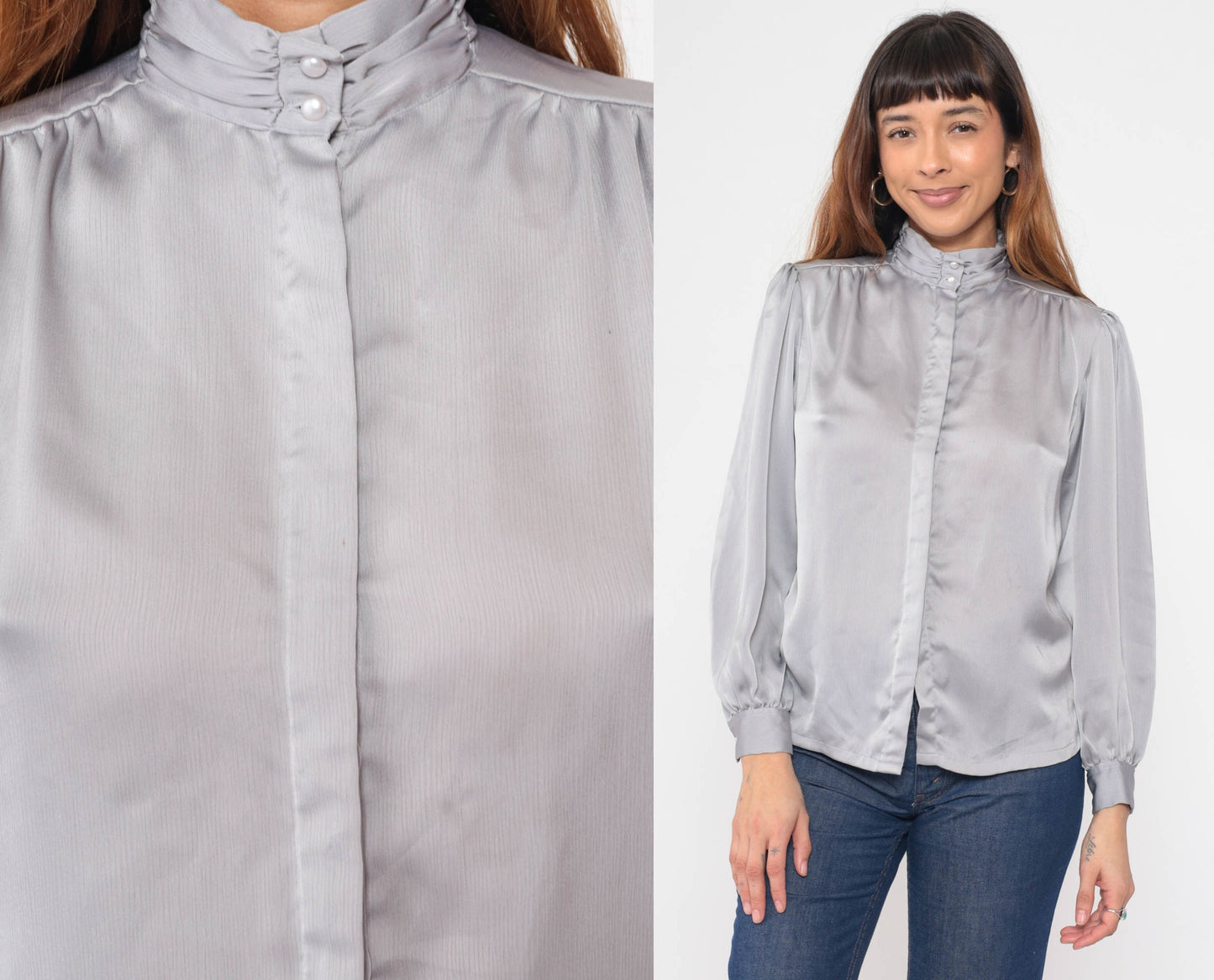 80s Silver Grey Puff Sleeve Blouse Pearl Button Mock Neck Medium