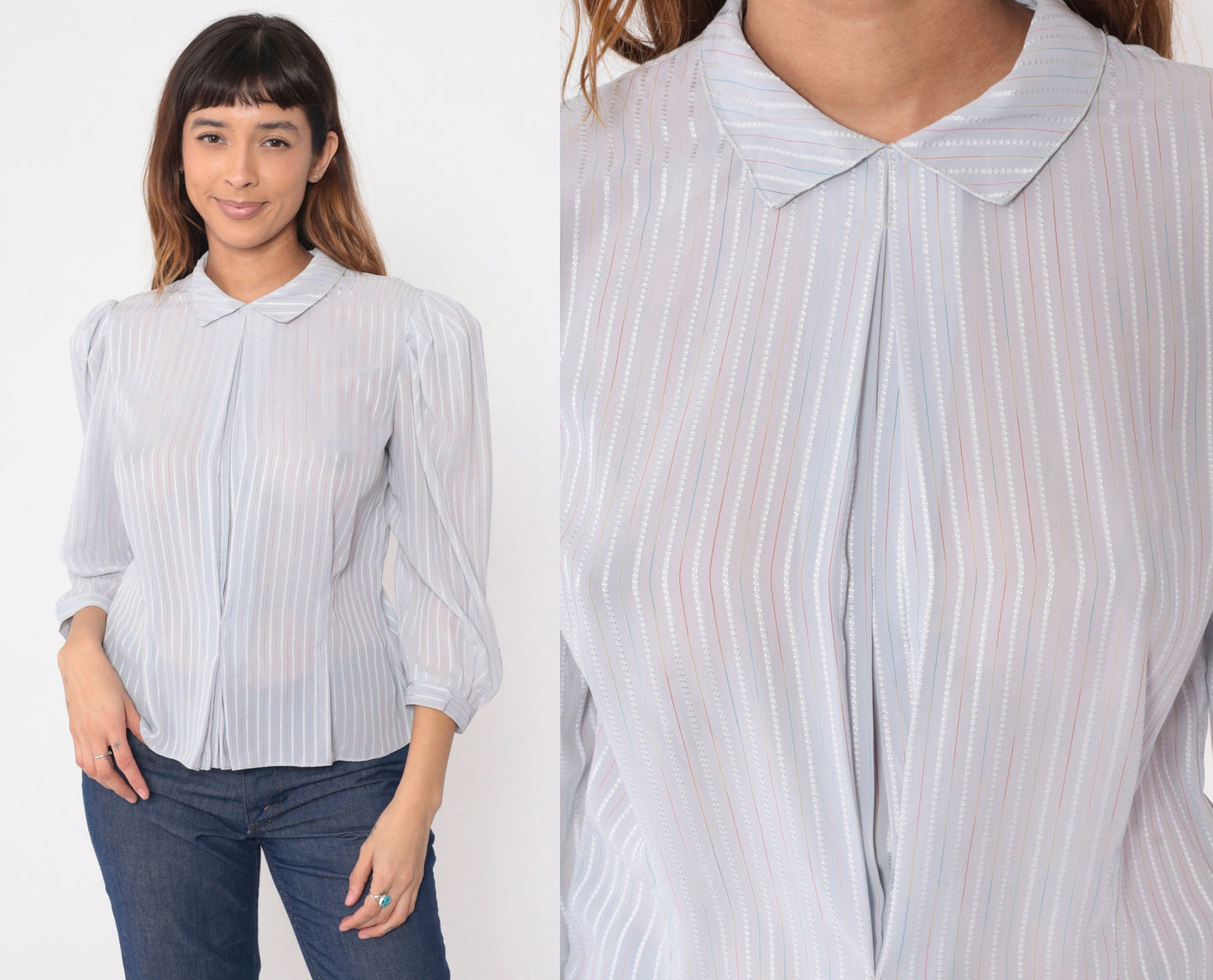 80s Pure Class Grey Pinstriped Puff Sleeve Blouse Button Back Medium