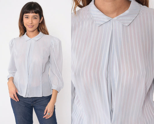 80s Pure Class Grey Pinstriped Puff Sleeve Blouse Button Back Medium