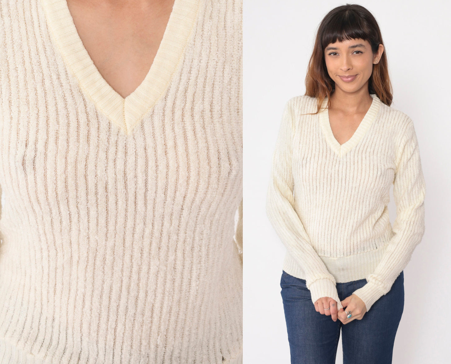 70s Terry Cloth V-Neck Sweatshirt Cream Ribbed Pullover XS